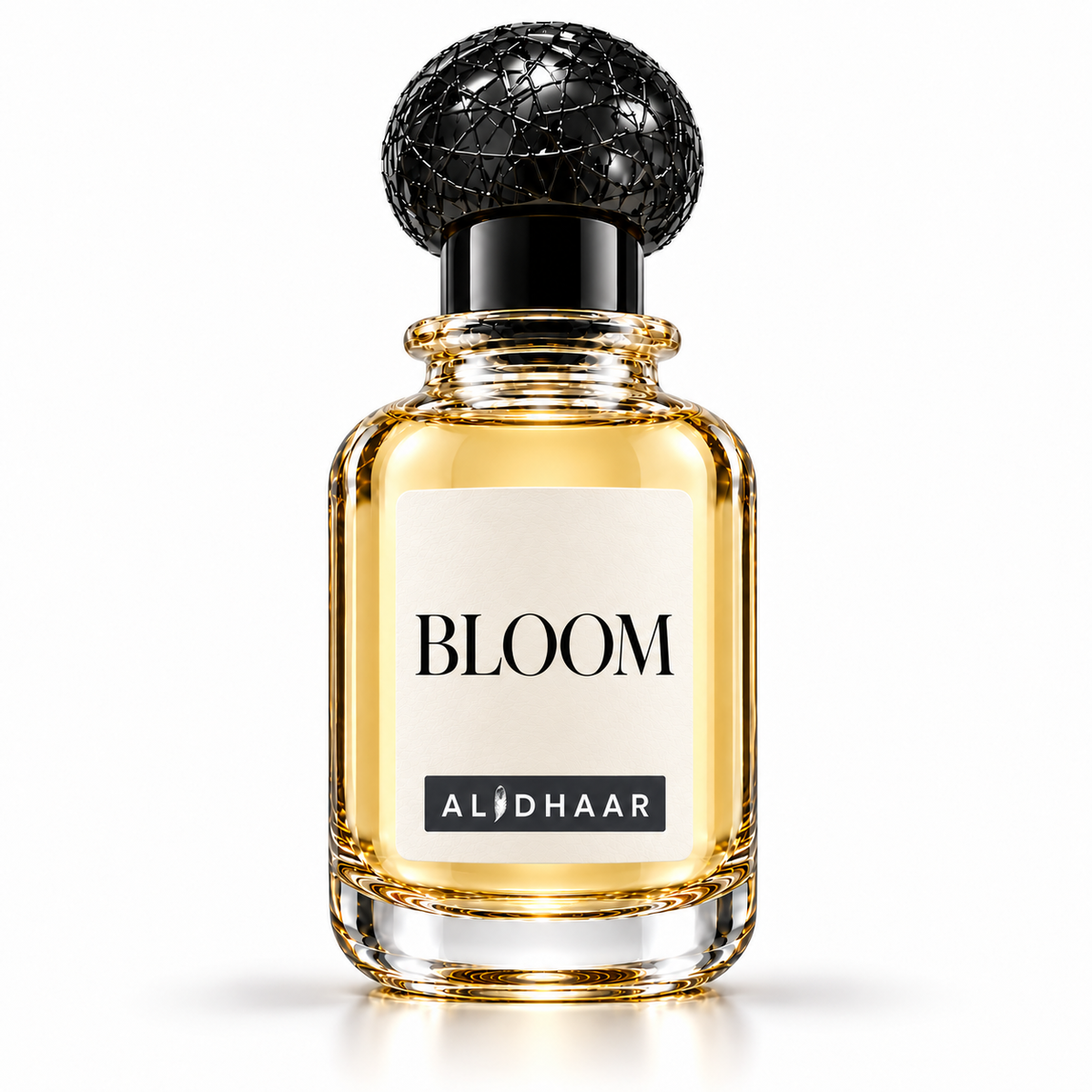 ALIDHAAR BLOOM 50 ml perfume in a clear bottle with an ivory label on a white background