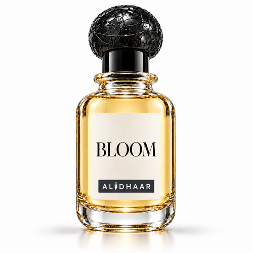 ALIDHAAR BLOOM 50 ml perfume in a clear bottle with an ivory label on a white background