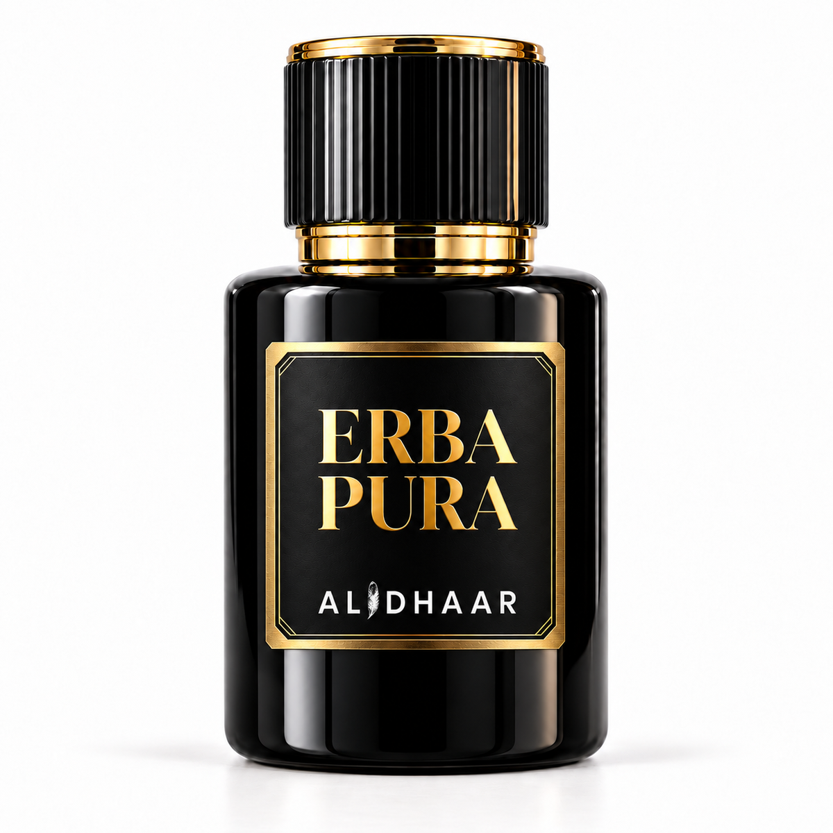 ALIDHAAR ERBA PURA 50 ml perfume in a black bottle with a gold-framed label on a white background