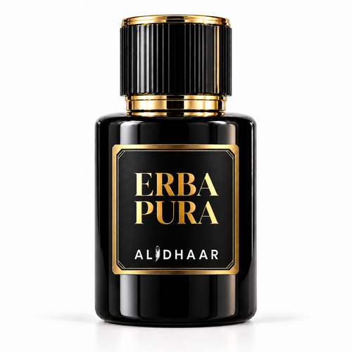 ALIDHAAR ERBA PURA 50 ml perfume in a black bottle with a gold-framed label on a white background