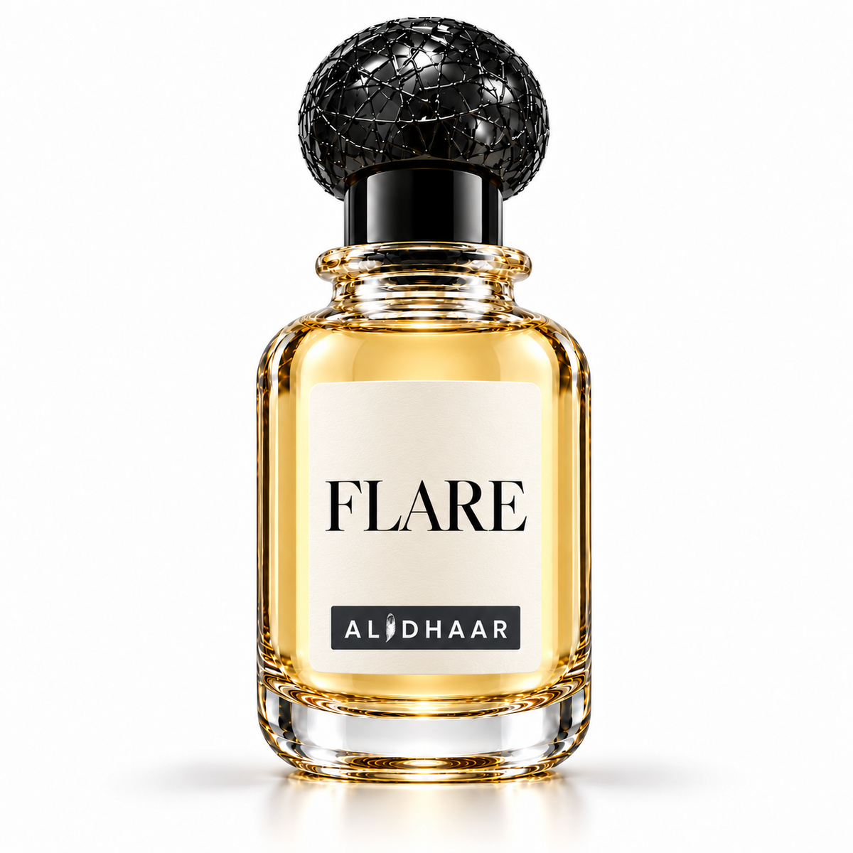 ALIDHAAR FLARE 50 ml perfume in a clear bottle with an ivory label on a white background