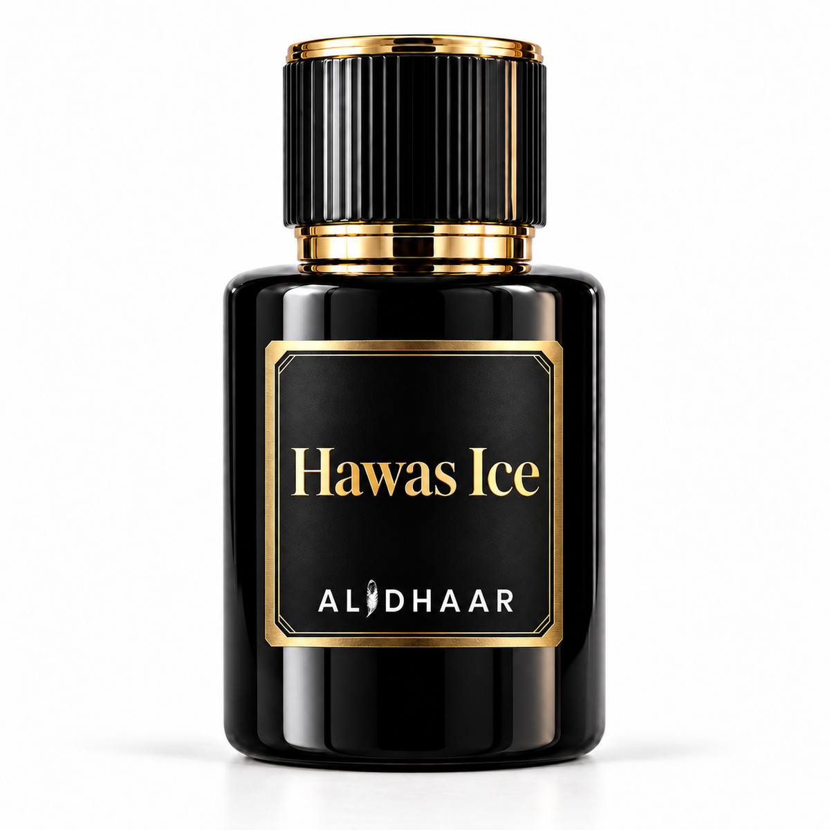 ALIDHAAR Hawas Ice 50 ml perfume in a black bottle with a gold-framed label on a white background