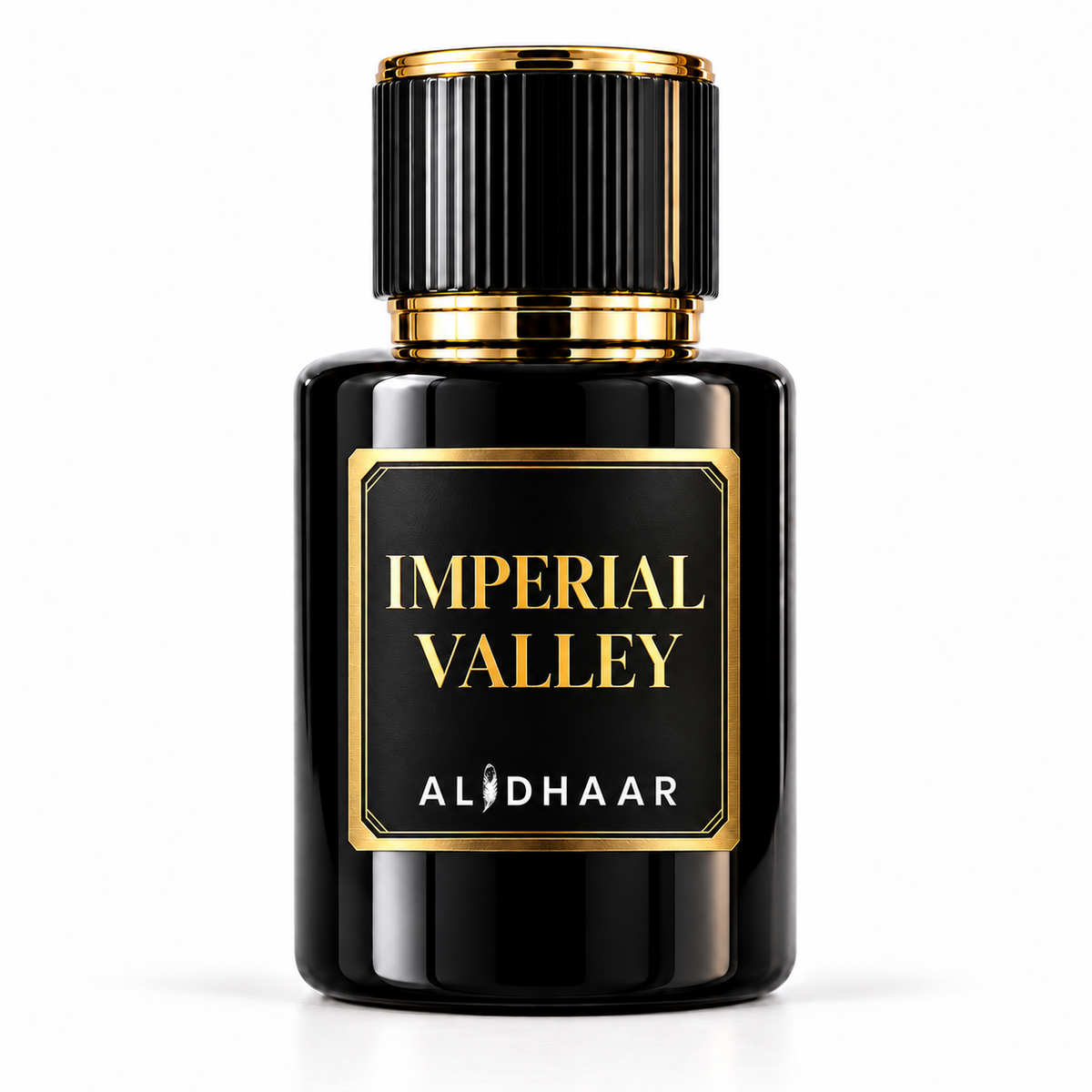 ALIDHAAR IMPERIAL VALLEY 50 ml perfume in a black bottle with a gold-framed label on a white background