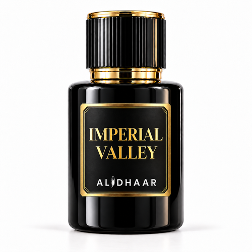 ALIDHAAR IMPERIAL VALLEY 50 ml perfume in a black bottle with a gold-framed label on a white background