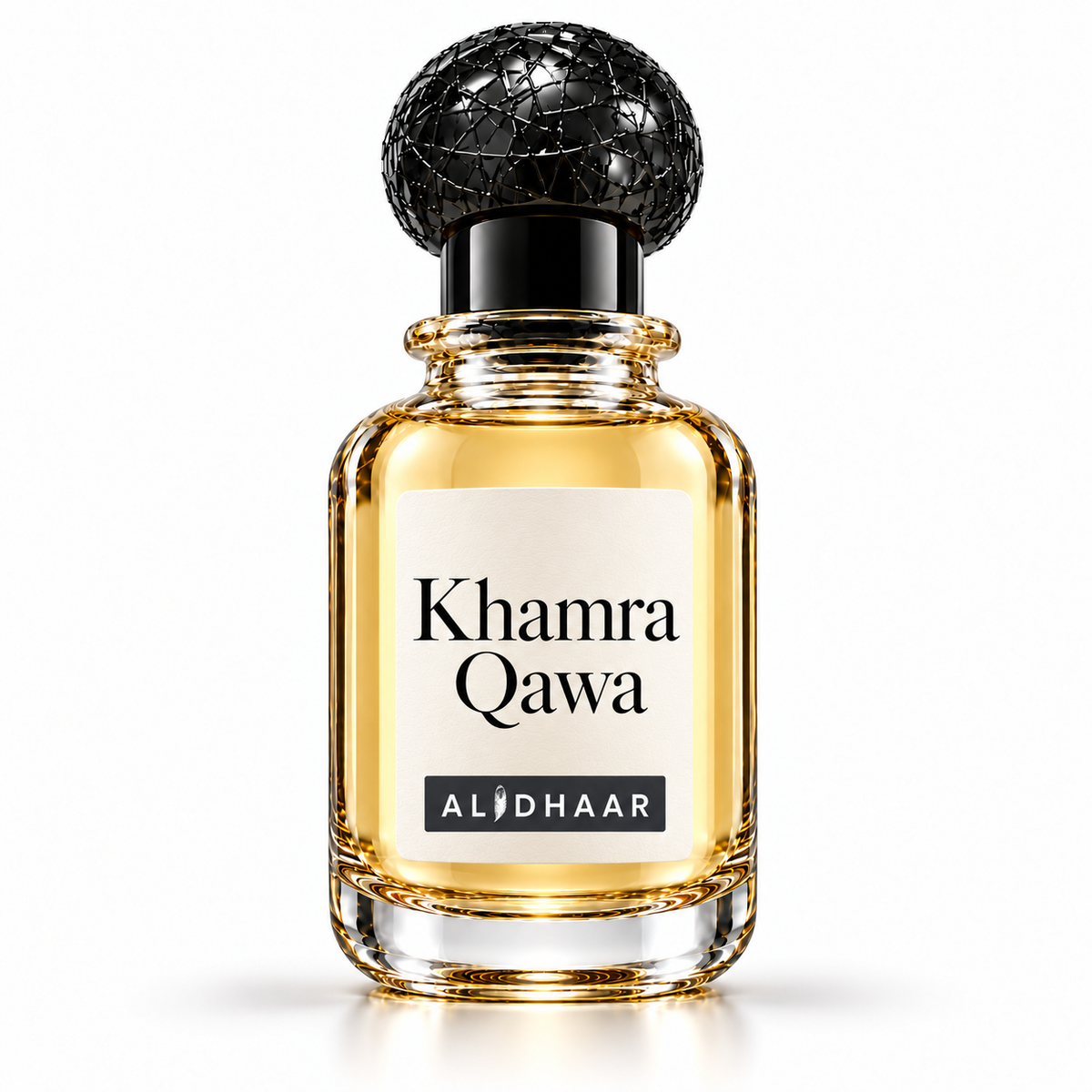 ALIDHAAR Khamra Qawa 50 ml perfume in a clear bottle with an ivory label on a white background