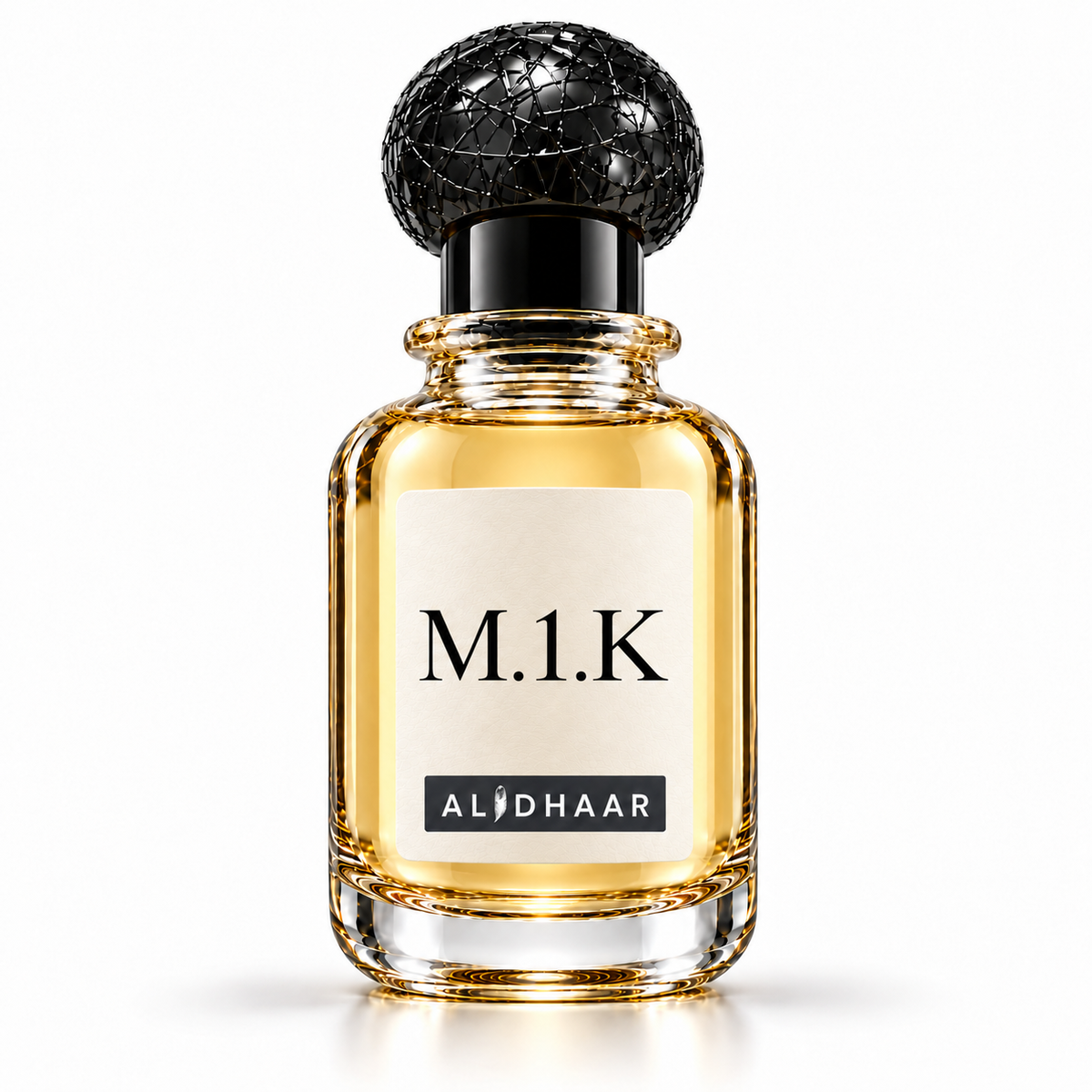 ALIDHAAR M.1.K 50 ml perfume in a clear bottle with an ivory label on a white background