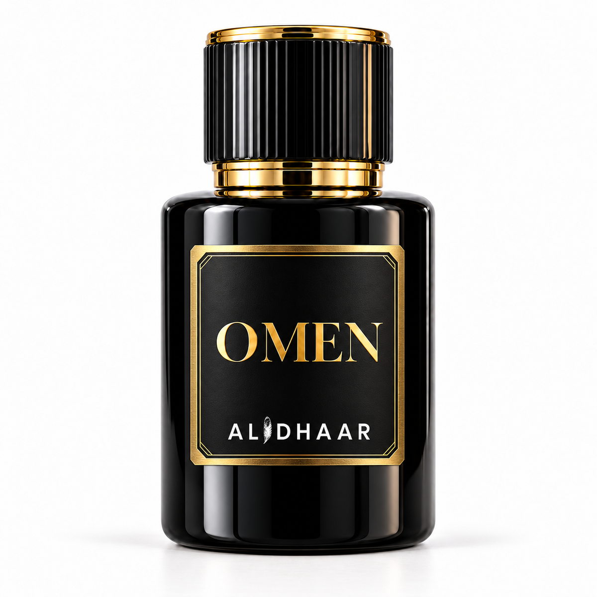 ALIDHAAR OMEN perfume in a black bottle with a gold-framed label on a white background