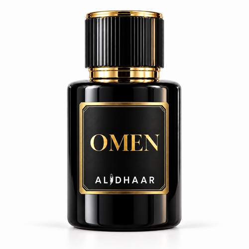 ALIDHAAR OMEN perfume in a black bottle with a gold-framed label on a white background