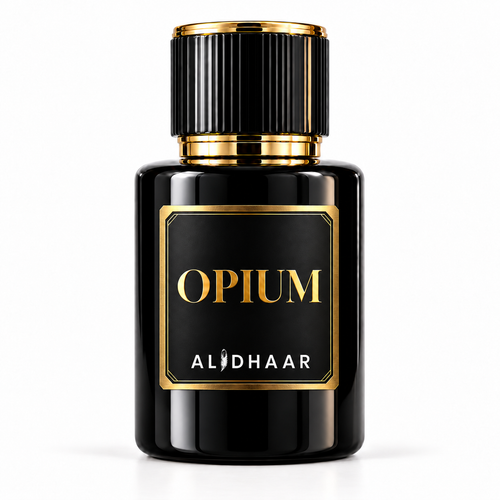 ALIDHAAR OPIUM 50 ml perfume in a black bottle with a gold-framed label on a white background