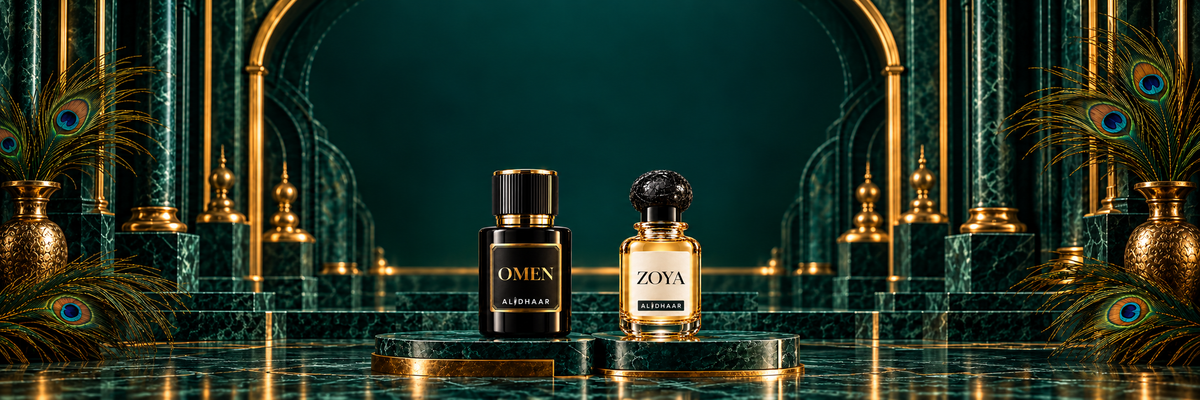 Complete OMEN and ZOYA bottles in a panoramic emerald ALIDHAAR gallery