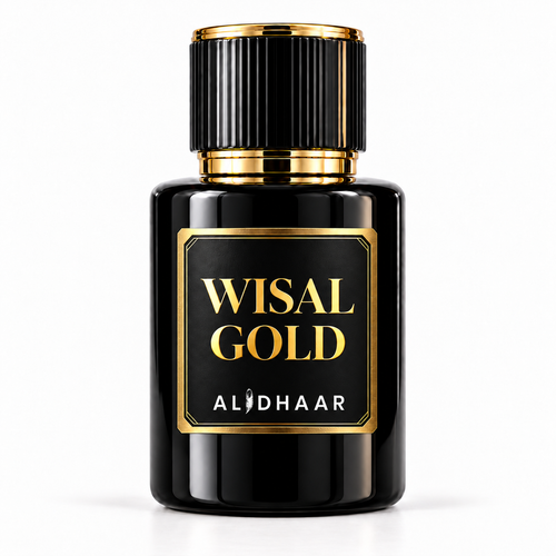 ALIDHAAR WISAL GOLD 50 ml perfume in a black bottle with a gold-framed label on a white background